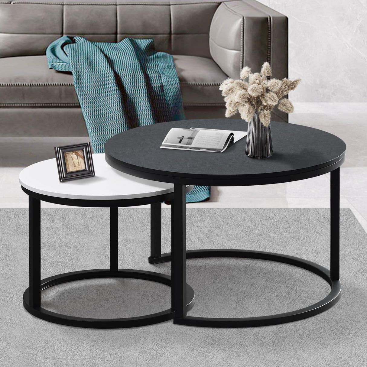 27.5 Inch Round Wood Tables 2 Pack, Small Coffee Tables for Small Spaces, Coffee Tables
