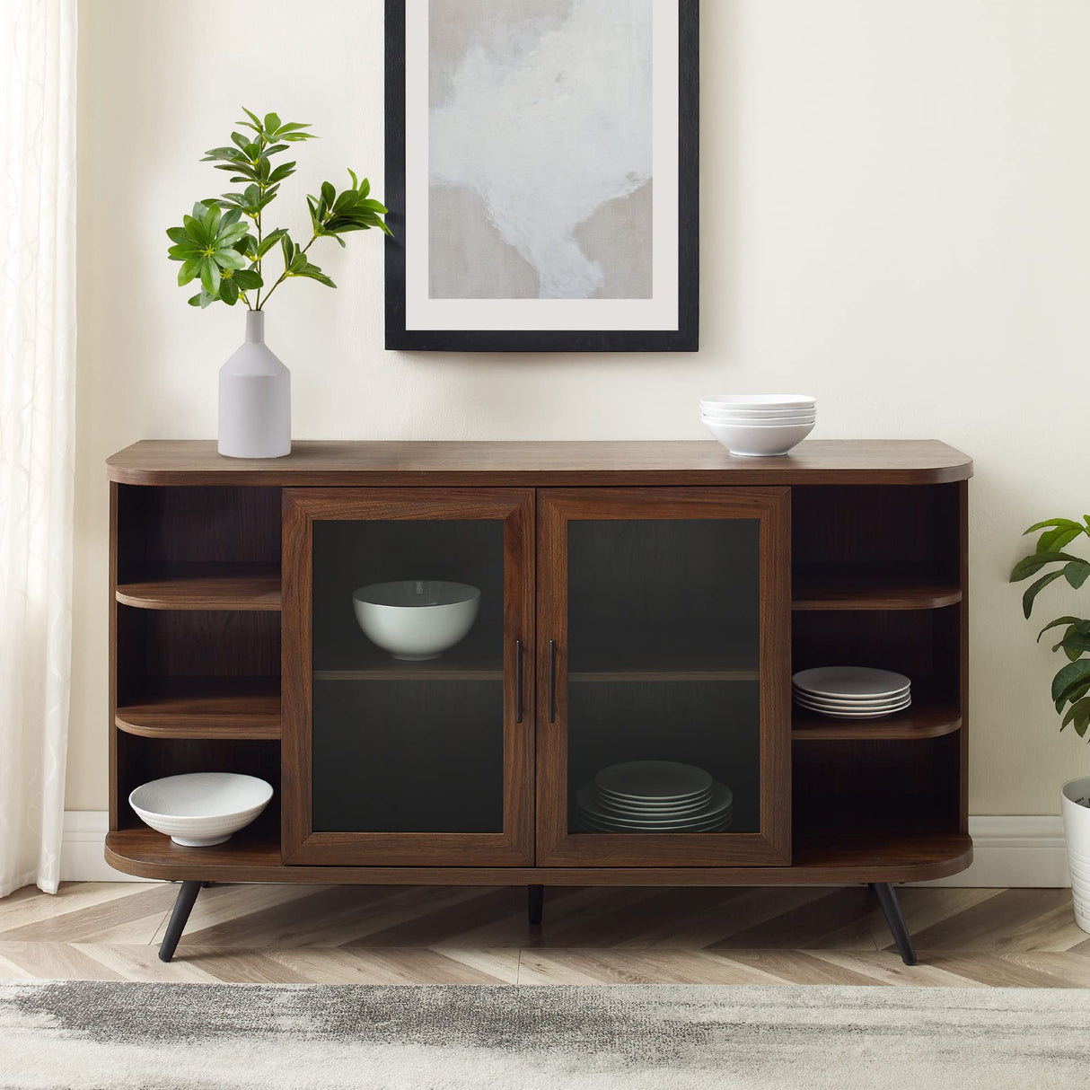 Willow Modern Fluted Door Curved End Sideboard, 58 Inch, Dark Walnut