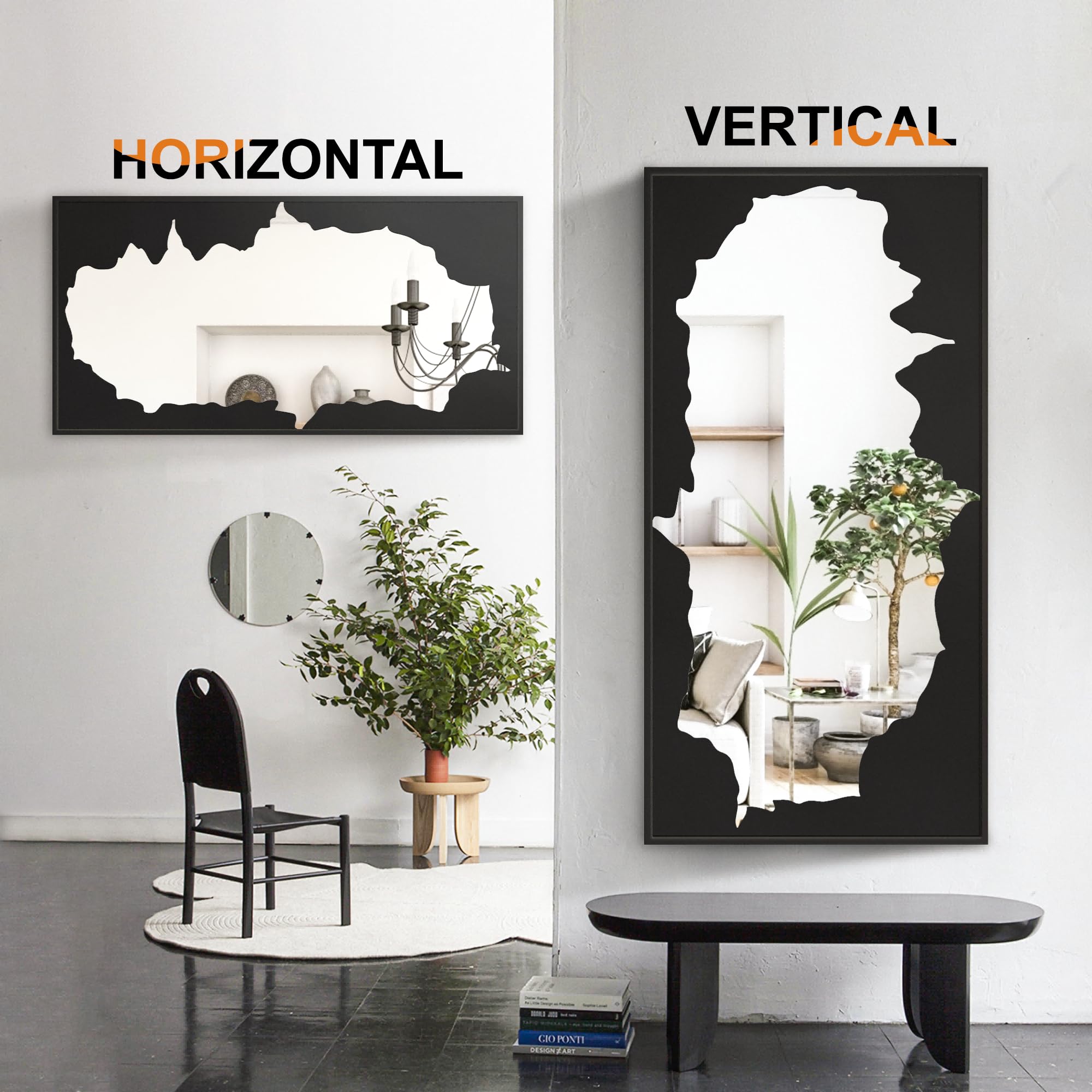 Full-Length Mirror Free Standing Leaning Mirror with Artistic Black Abstract Overlay Deco, 55"x28" Shatterproof Wall-Mounted Mirror, Perfect for Living Room, Bedroom, Cloakroom, and Bathroom Decor