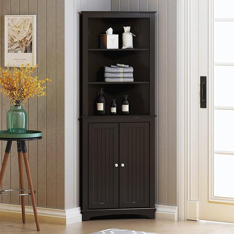 Tall Corner Cabinet with Doors and Shelves, Freestanding Corner Storage Cabinet for Bathroom,