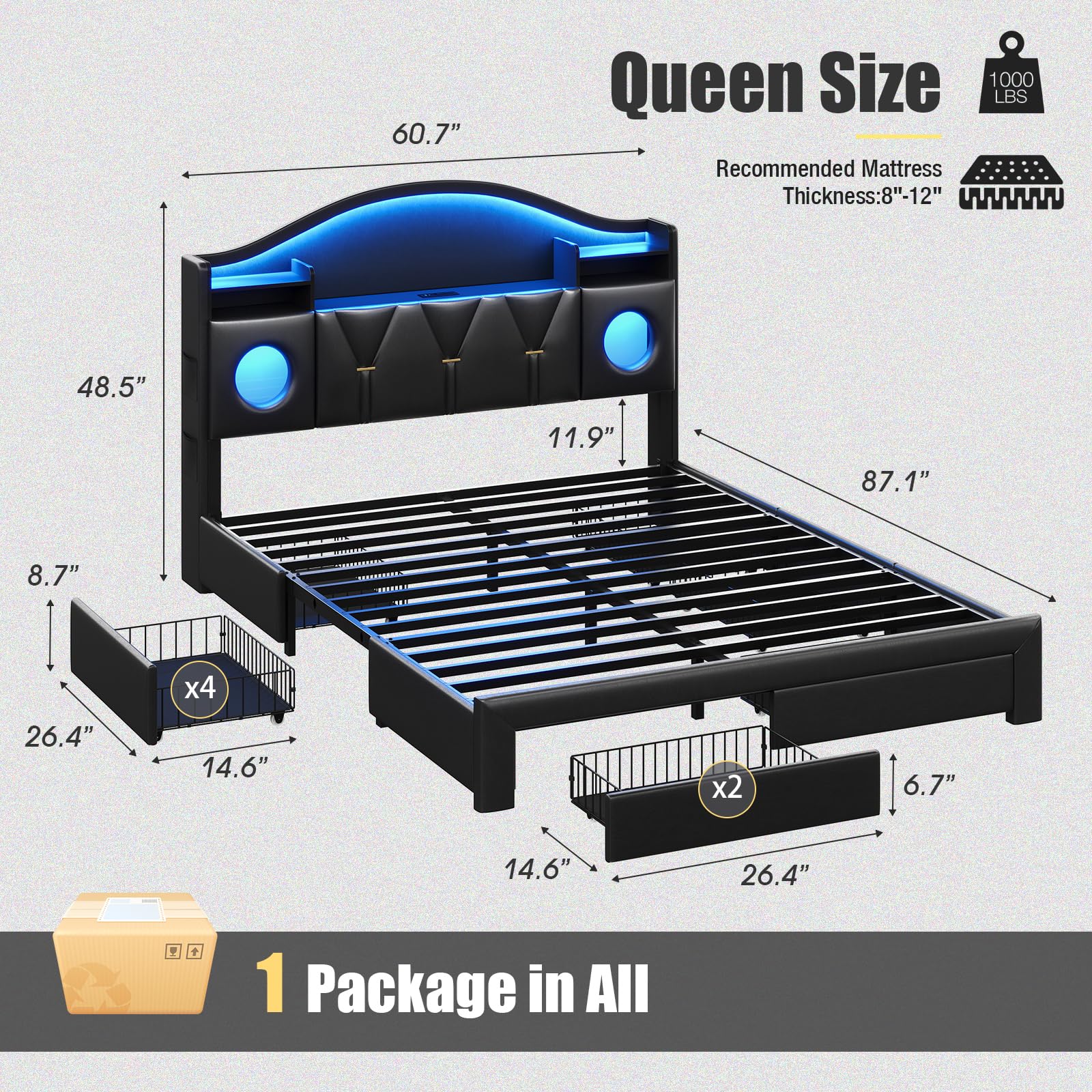 Queen Bed Frame with Storage Headboard and 6 Drawers