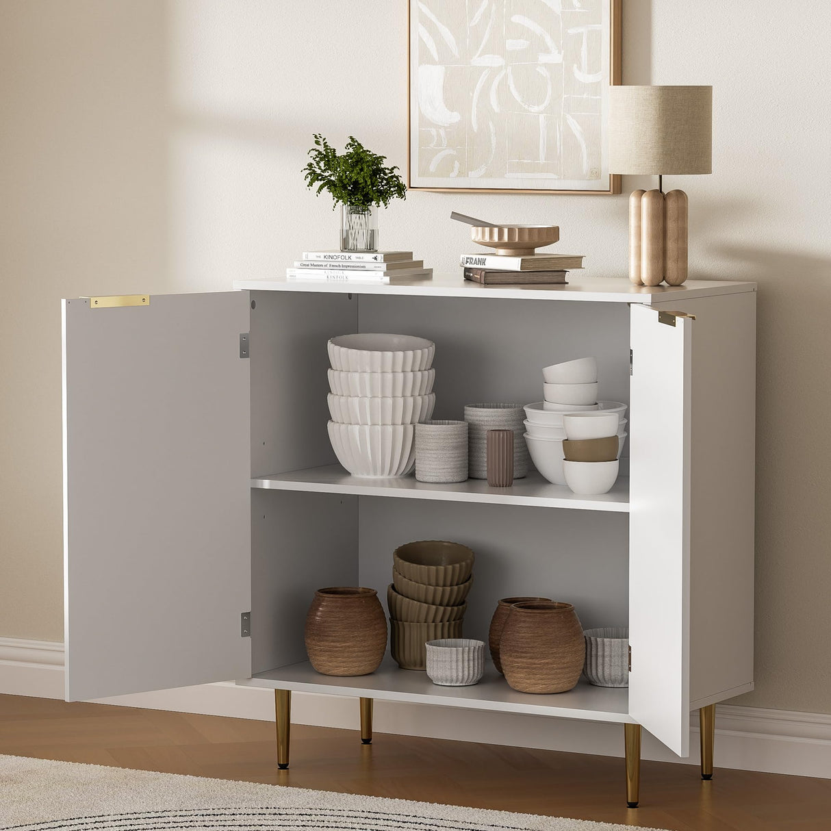 Buffet Sideboard Cabinet with 2 Doors, Kitchen Cabinet with Golden Handles & Legs