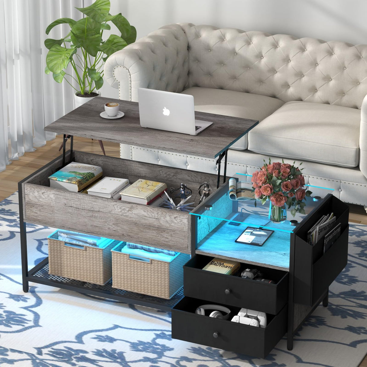 Top Coffee Table with LED Light & Power Outlet, Retro Coffee Tables