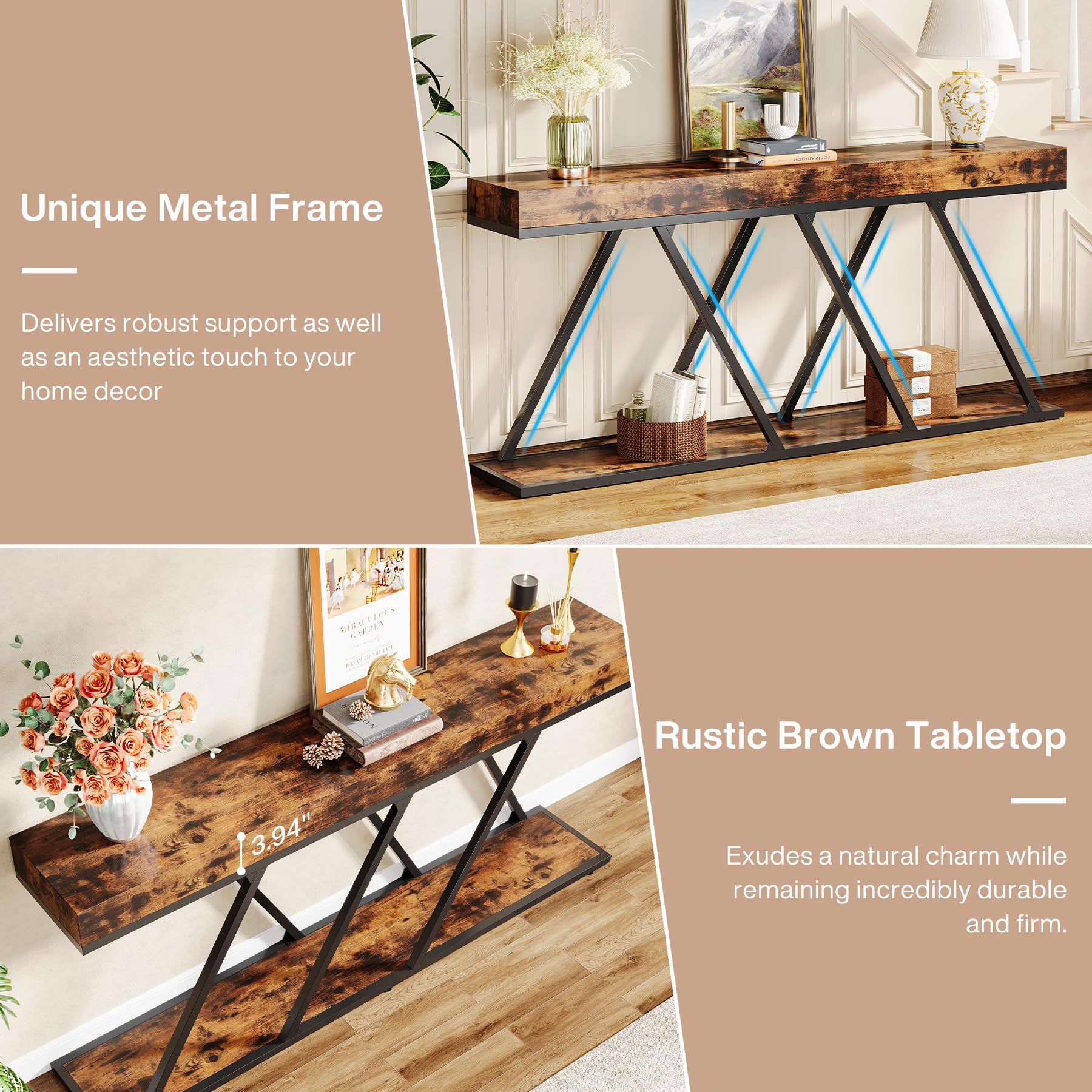 Extra Long Console Table, 70.87" Farmhouse Entryway Table with Unique Metal Base,