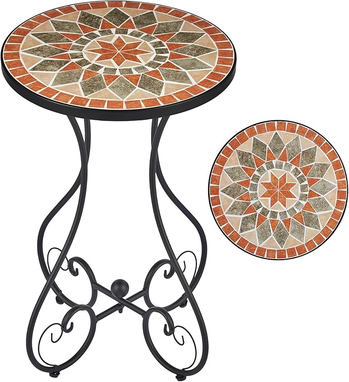 Outdoor Side Table and Mosaic Plant Stand, 21" Round End Table