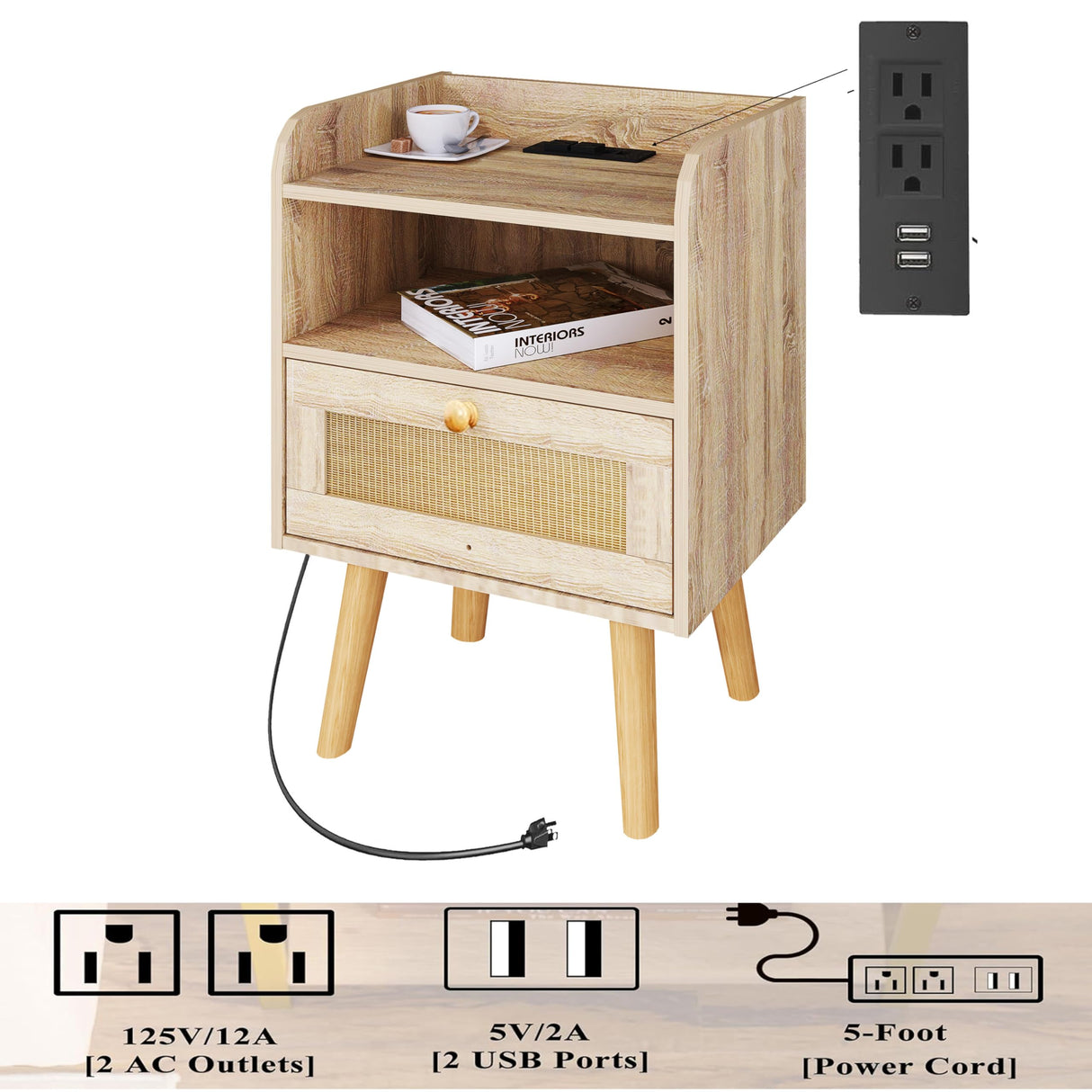 Nightstand Set of 2，Wood Nightstand with Charging Station