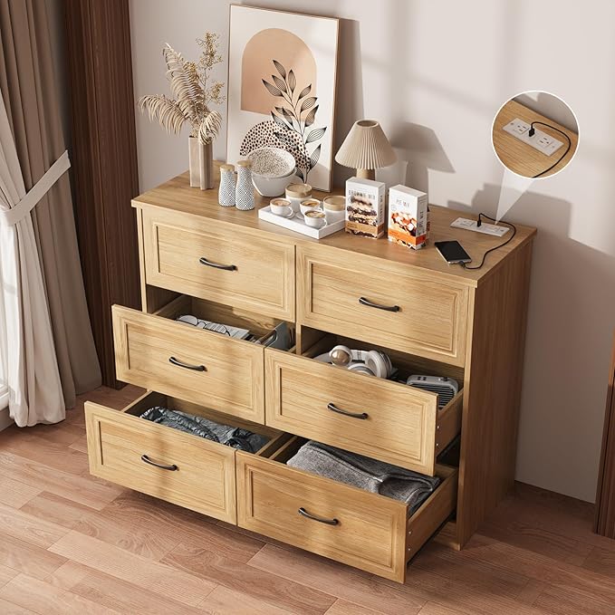 Dresser for Bedroom, 6 Drawer Wide Dresser Organizer with Charging Station