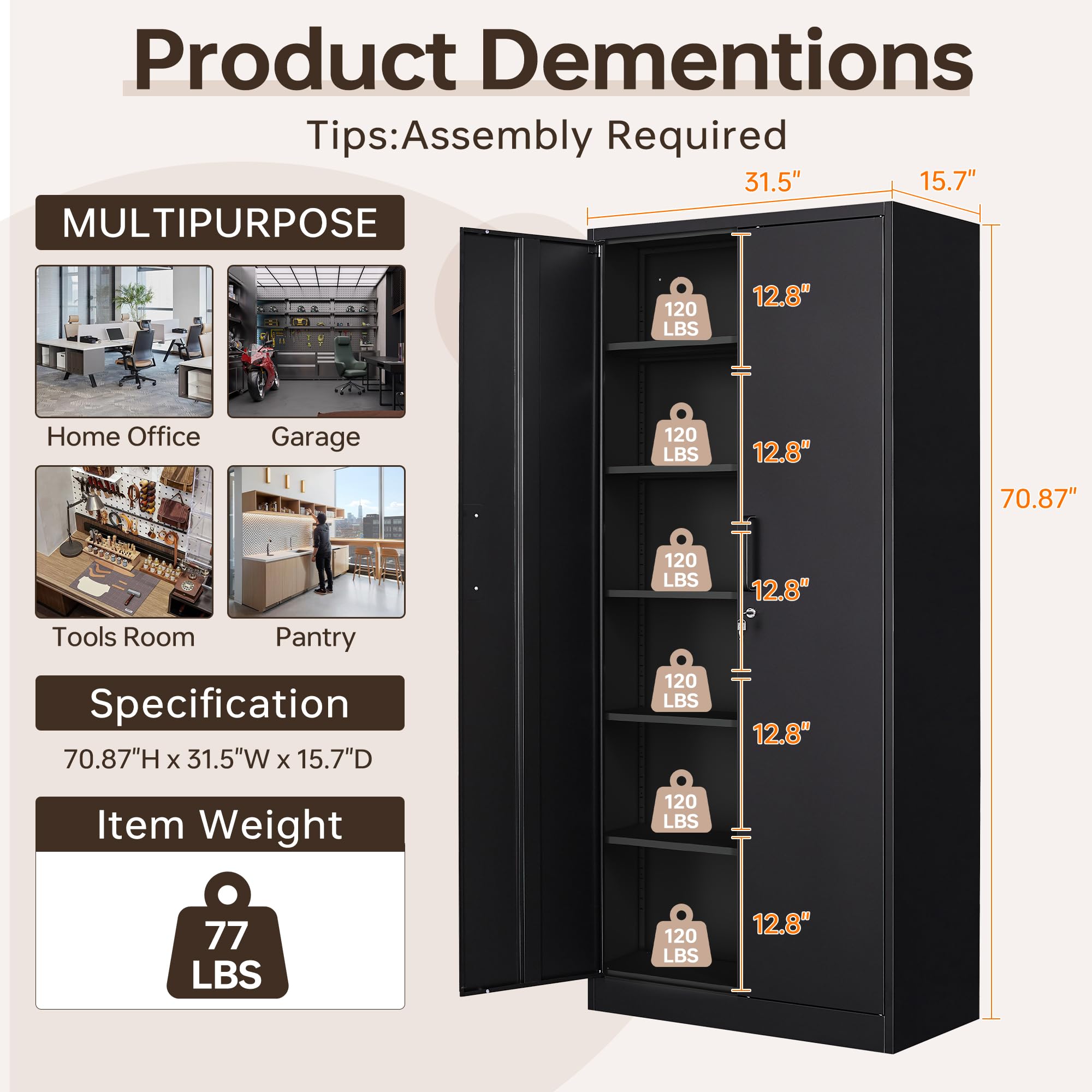 AFAIF Metal Garage Storage Cabinet,71" h Tall Garage Cabinet with 2 Doors and 5 Adjustable Shelves, Steel Utility Tool Cabinet Black Locking Cabinets, Lockable File Cabinet Garage Storage Locker
