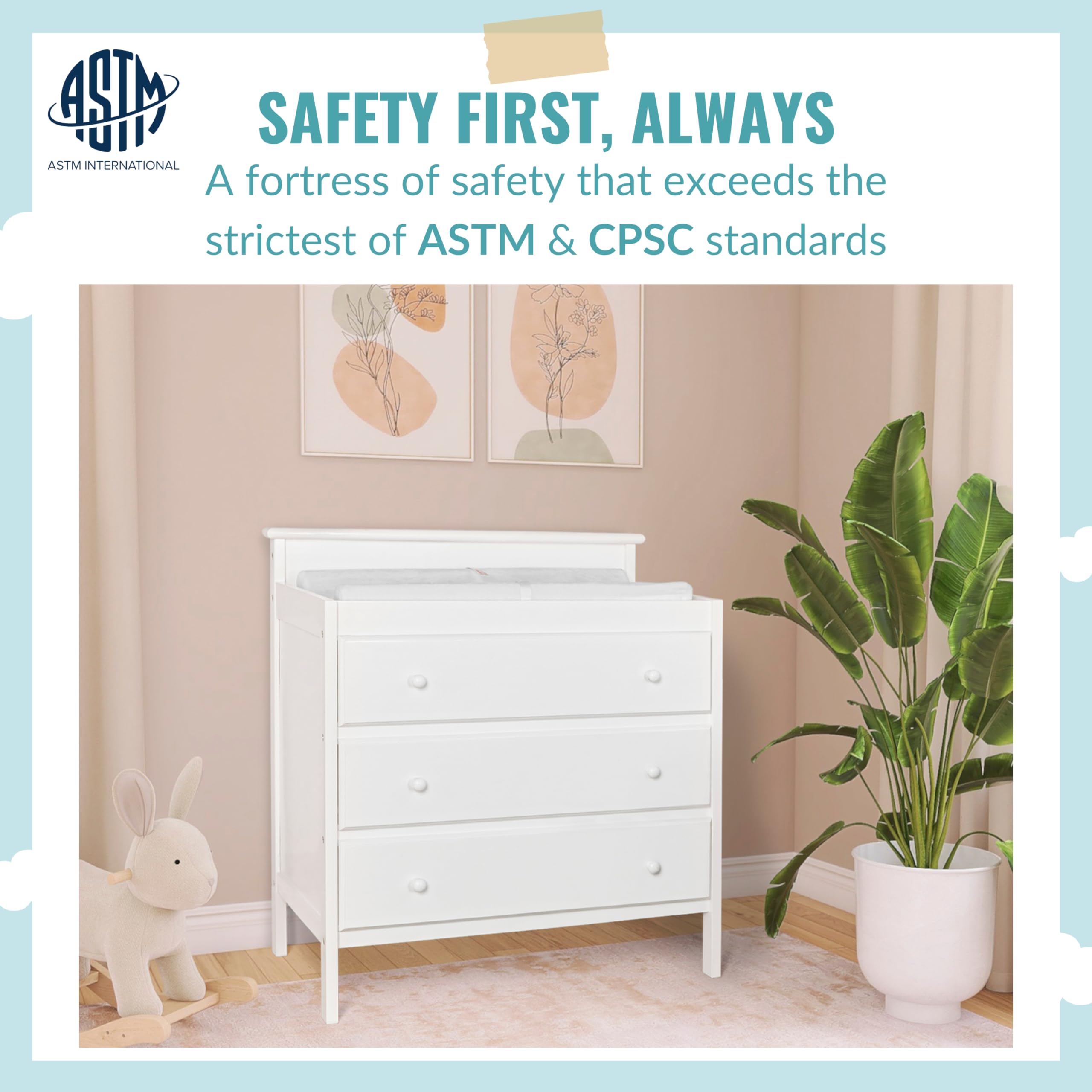 Mason Modern Changing Table with Free Changing Pad in White, Three Spacious Drawers