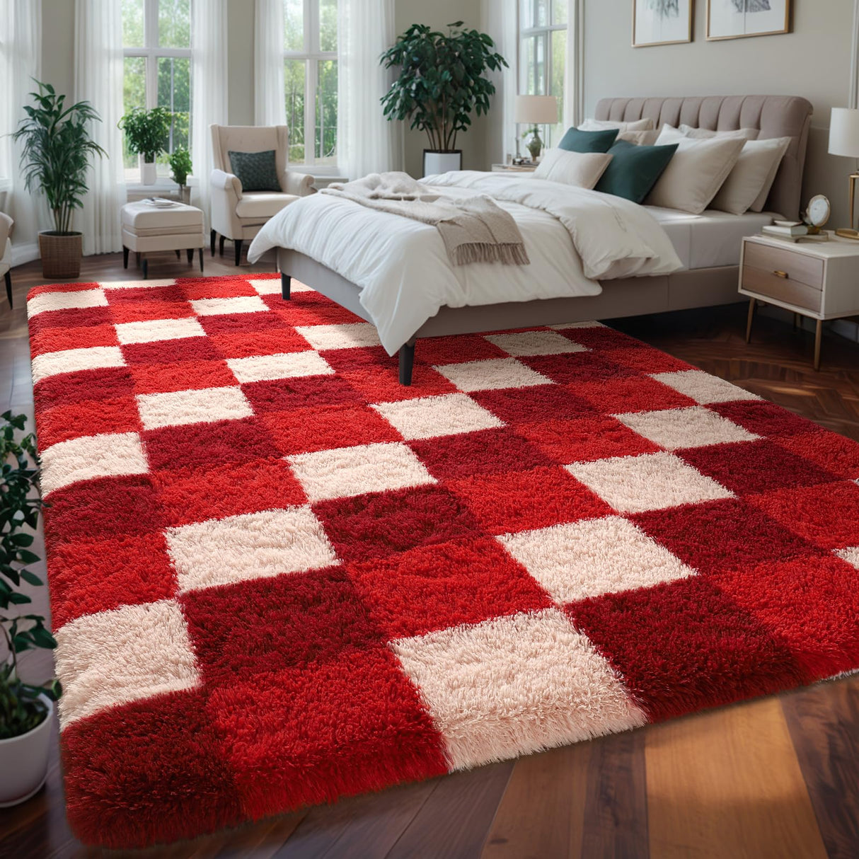 Luxury Fluffy Plaid Rugs for Bedroom Living Room, 4x6 Feet Burgundy Checkerboard Area Rug,