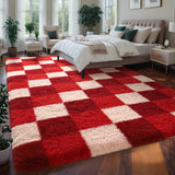 Luxury Fluffy Plaid Rugs for Bedroom Living Room, 4x6 Feet Burgundy Checkerboard Area Rug,