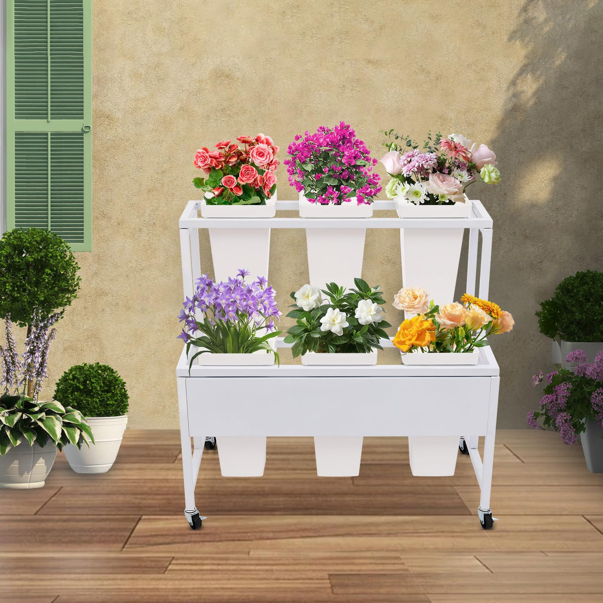 2-tier Flower Display Stand, Flower Racks with 6 Buckets, Flower Cart Display Stand