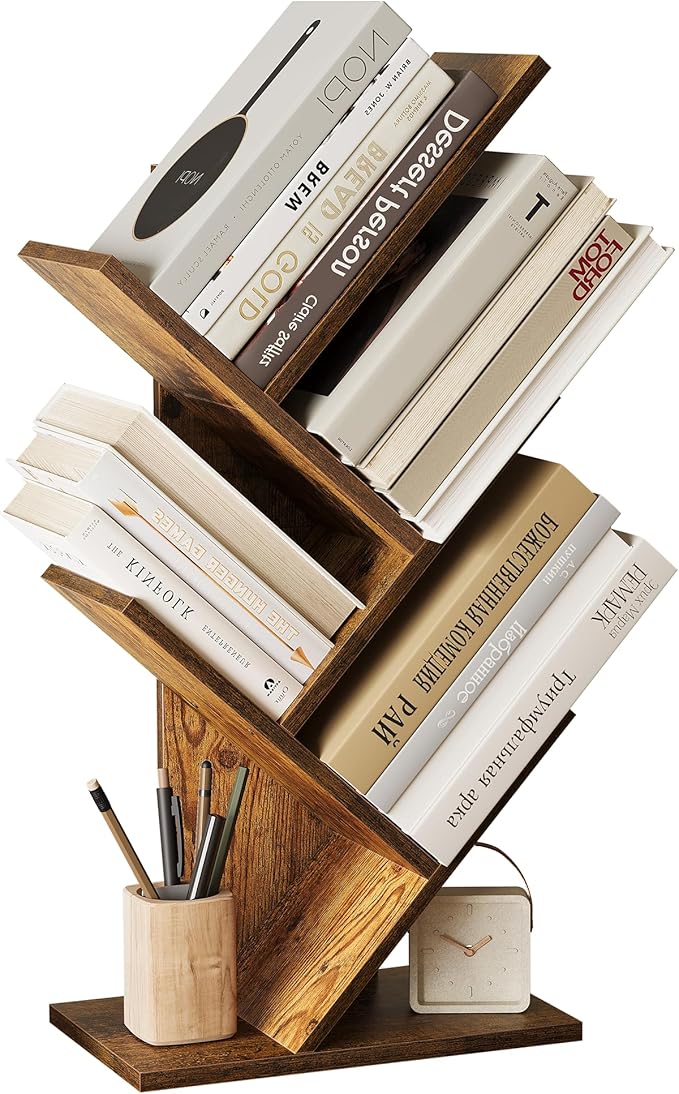 6 Tier Tree Bookshelf, Small Bookcase with Storage Cabinet, Modern Narrow Bookshelves