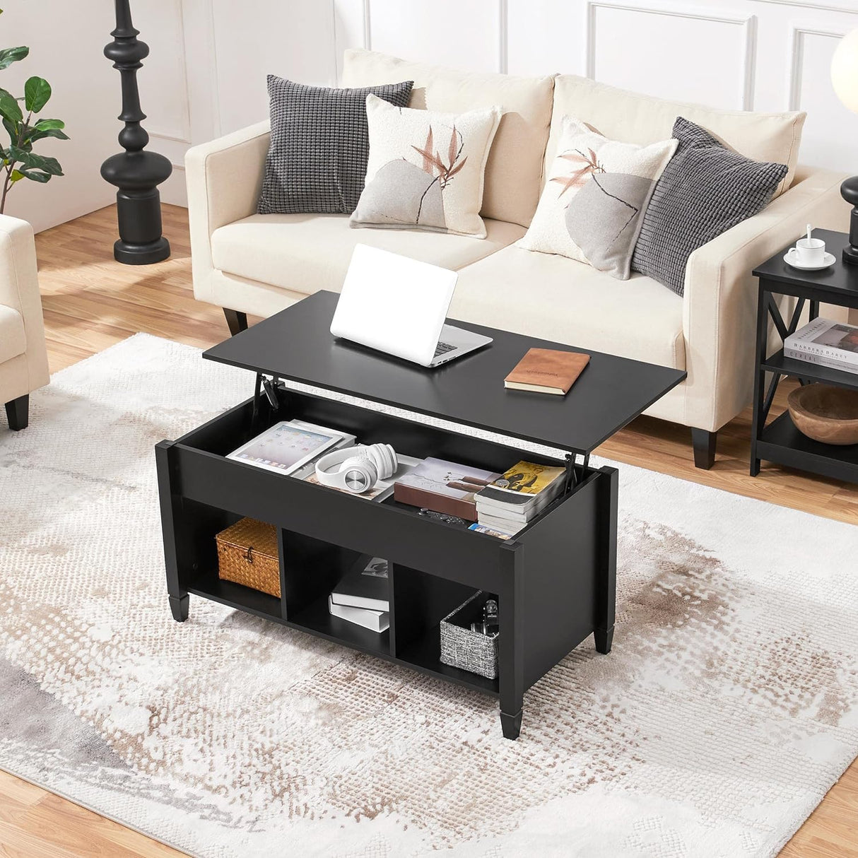 Coffee Table, Lift Top Coffee Table w/Hidden Storage Compartment & Lower 3 Cube Open