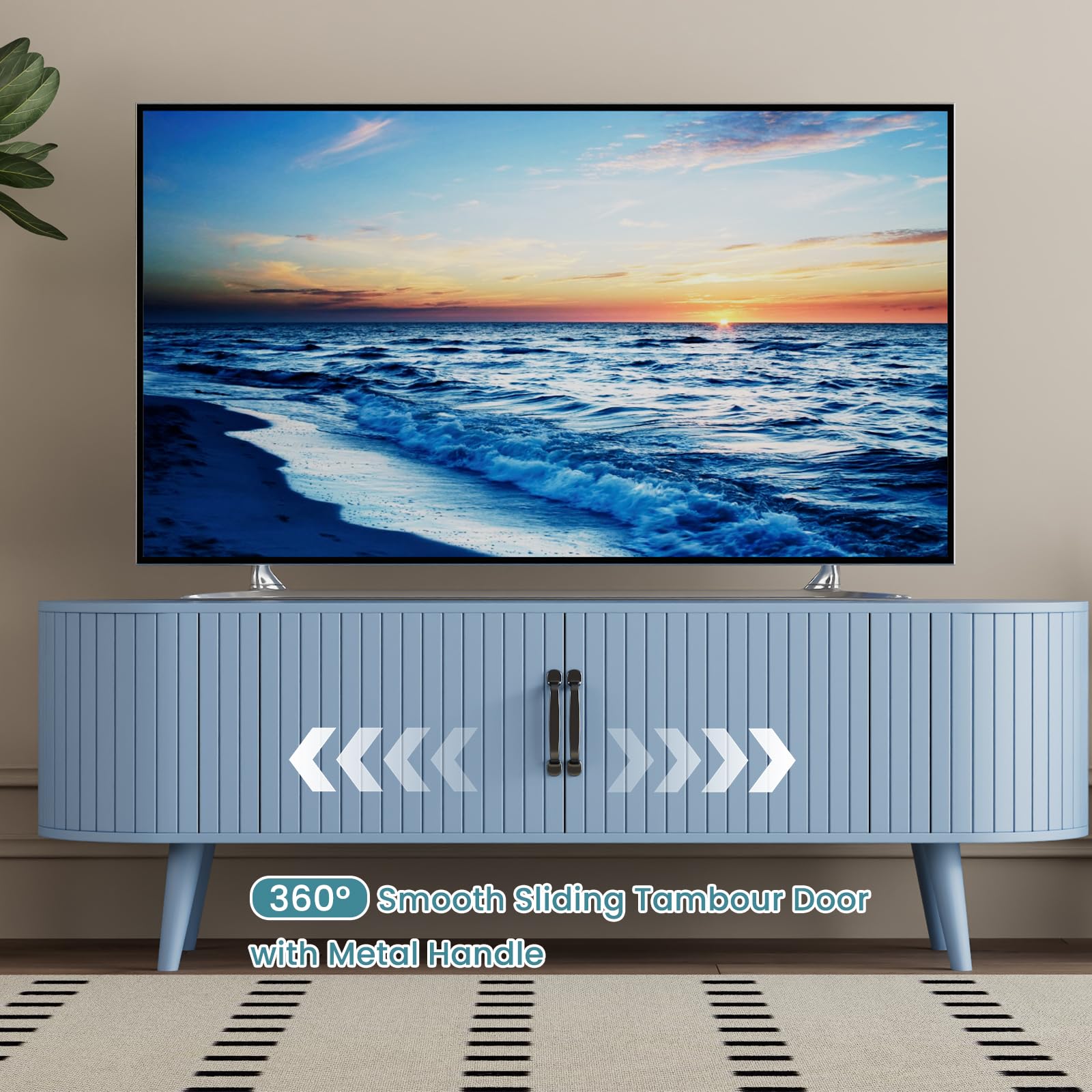68" Fluted TV Stand with Sliding Door Storage - Light Blue