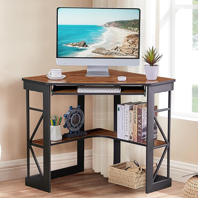 Corner Computer Desk Writing Smooth Keyboard Tray & Storage Shelves,Compact Home Office Triangle