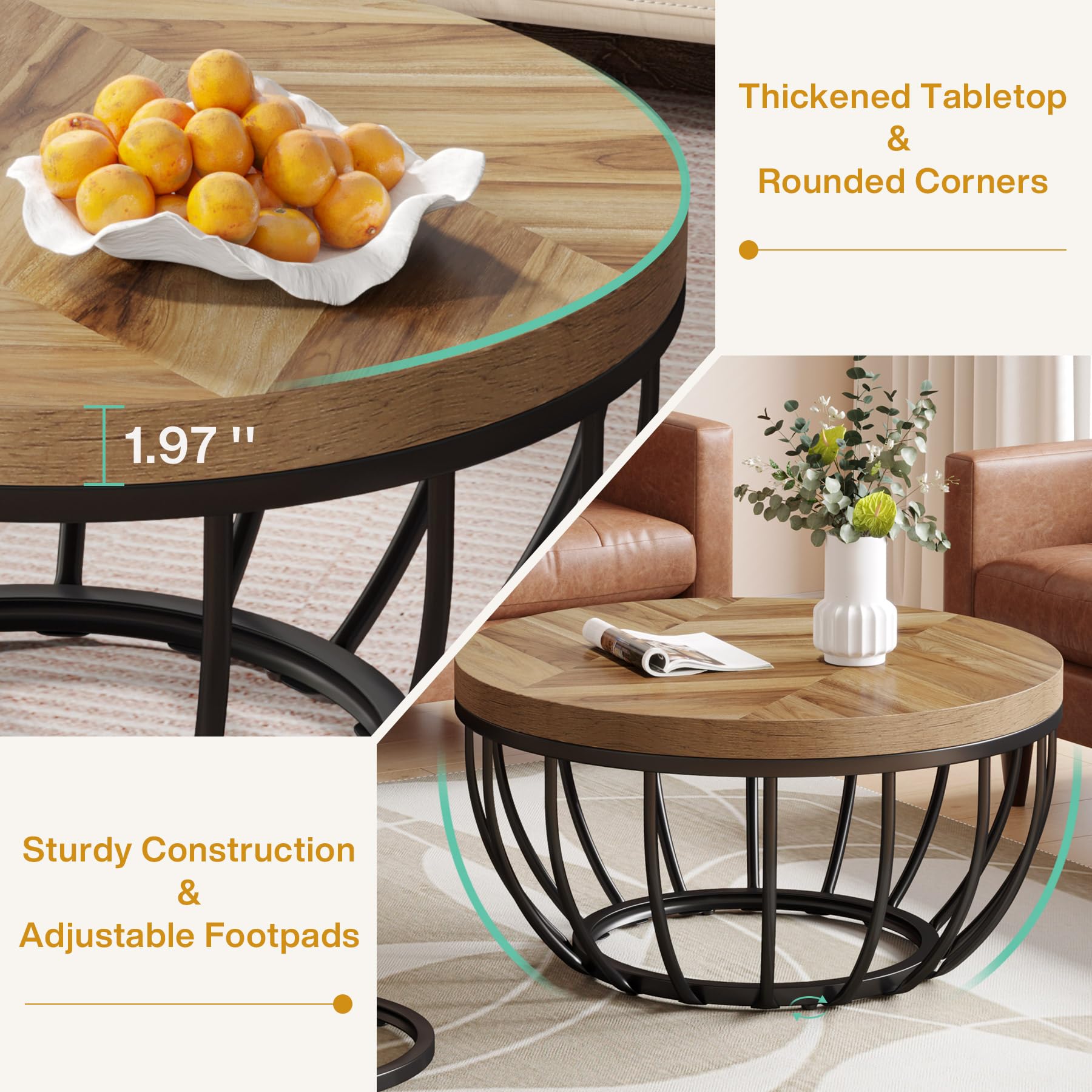 Round Coffee Table, 2 Pieces Nesting Tables with Metal Frame & Wooden Desktop