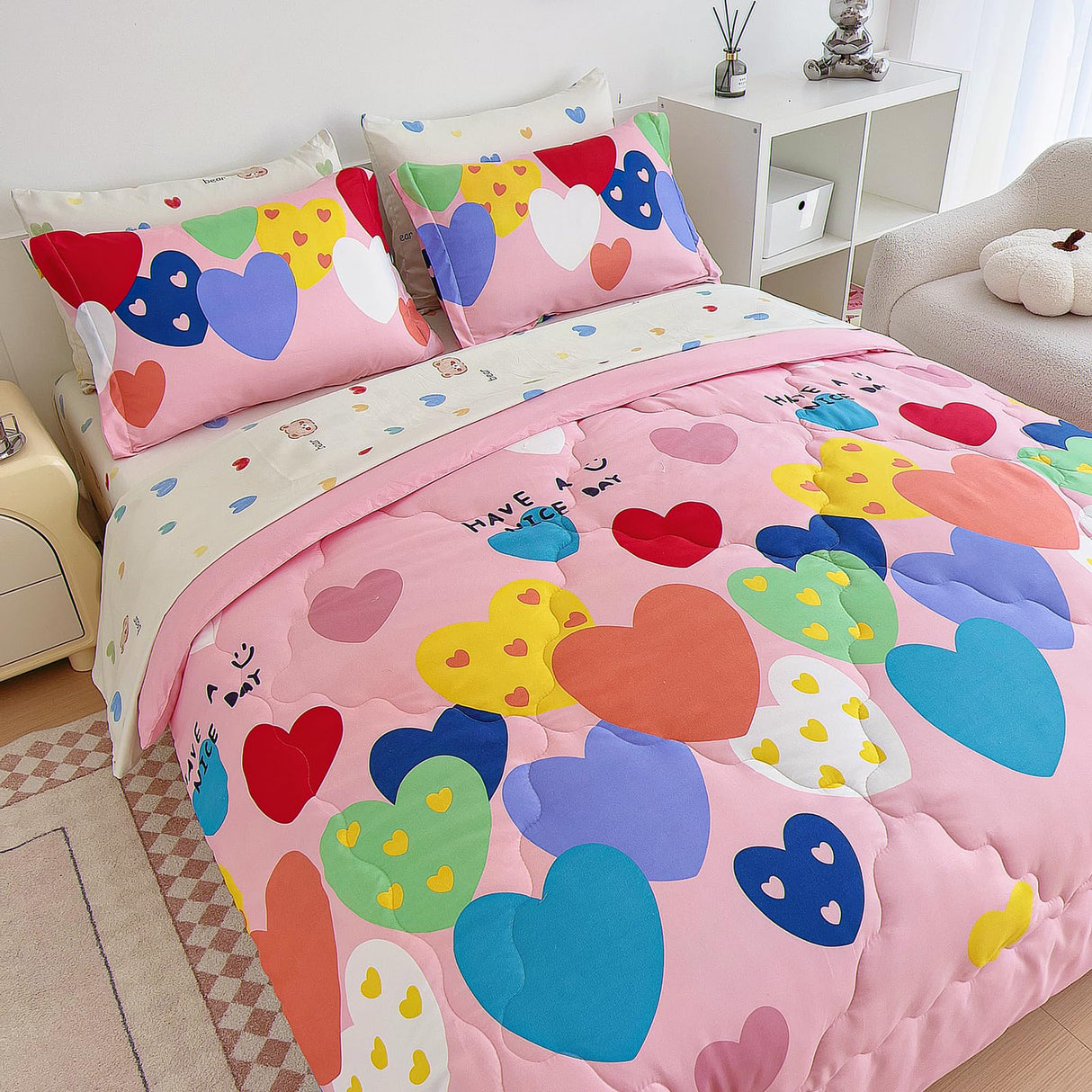 7 Piece Girls Love Heart Bedding Comforter Sets Full Size - Colourful Reversible Cute