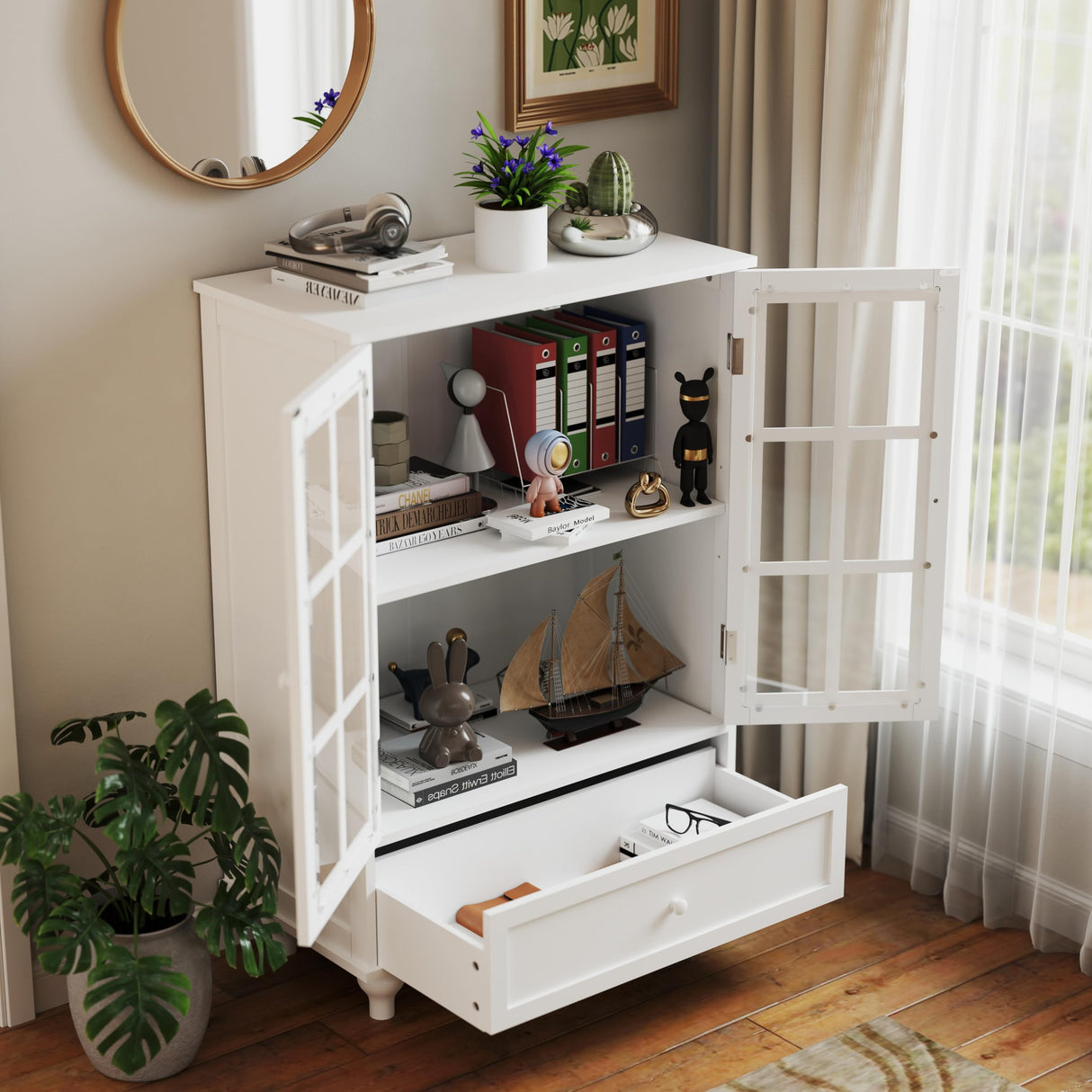 White Buffet Cabinet with Glass Doors and Drawers, Modern Wooden Buffet