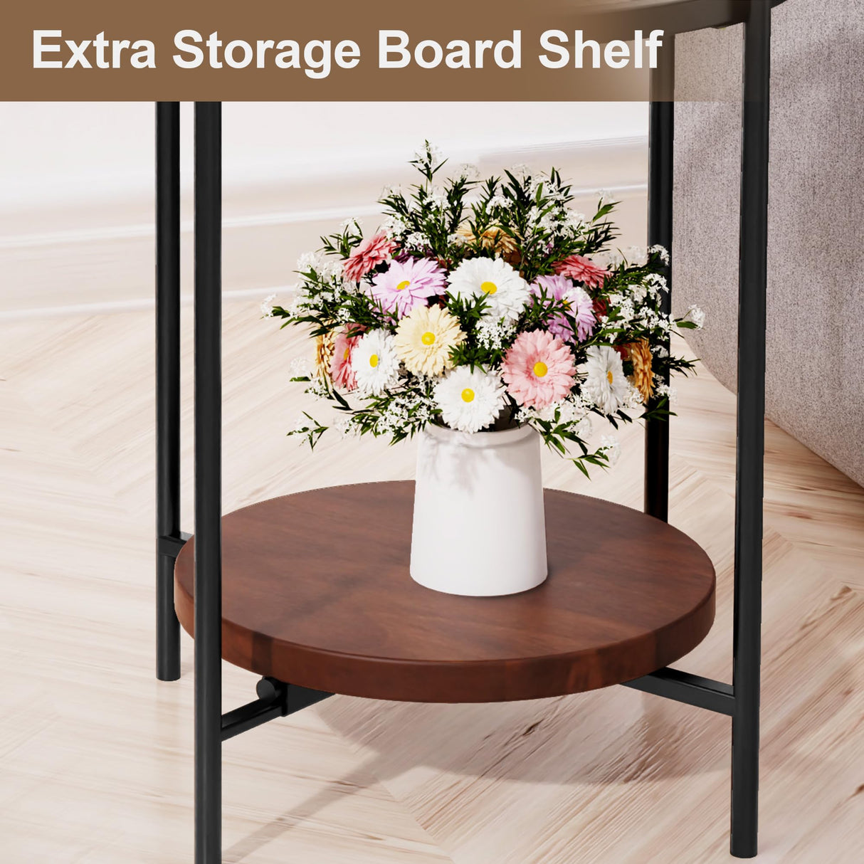 Side Table,Round End Table with 2 Shelves,17" D×20" H Living Room Table