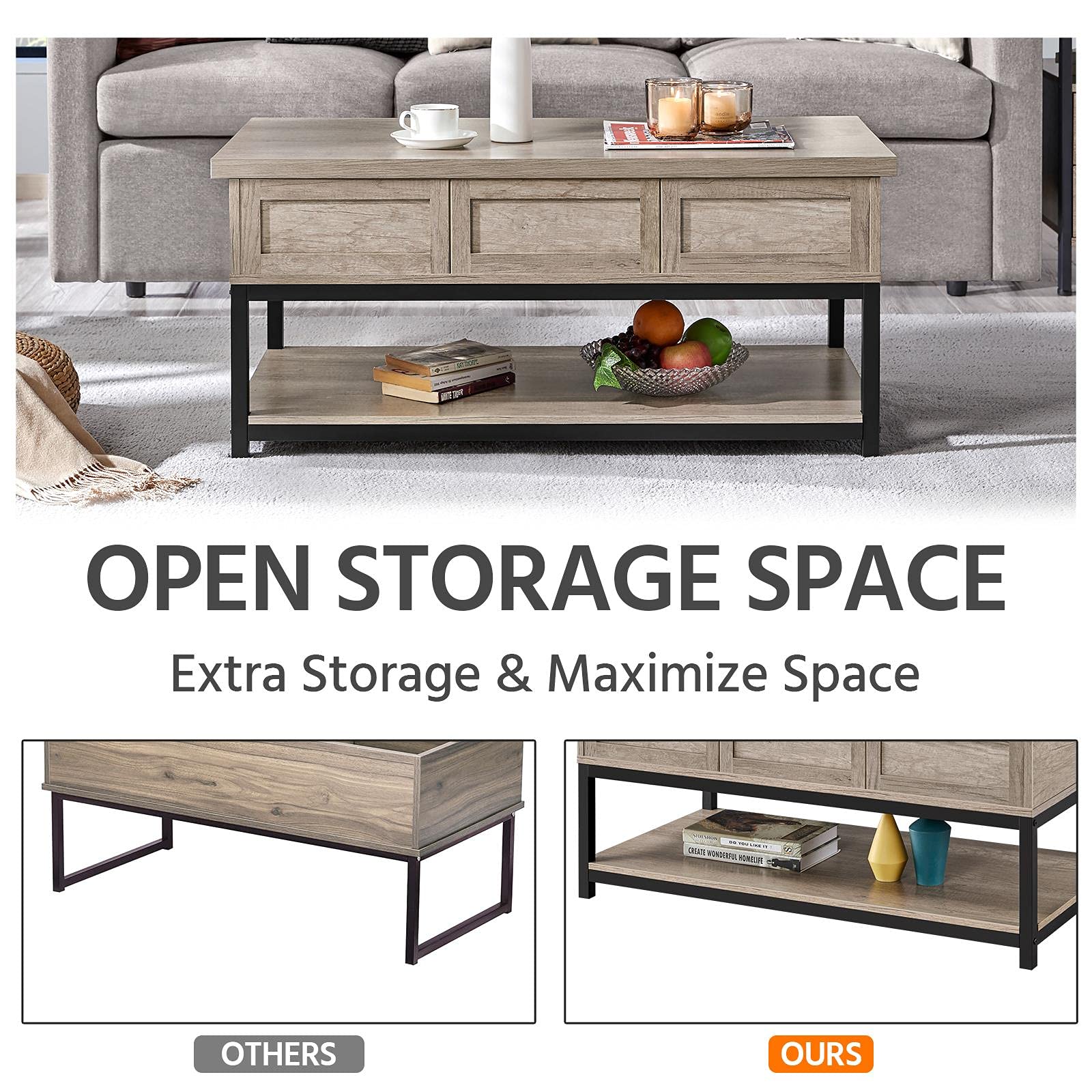Lift Top Coffee Table with Hidden Compartments & Open Shelf