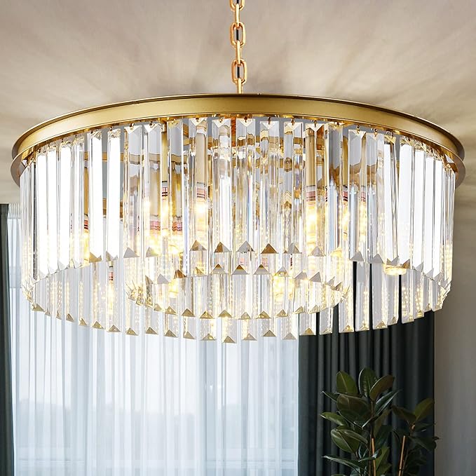 Gold Modern Crystal Chandelier, 2-Tier Round Flush Mount Ceiling Light Fixtures Height