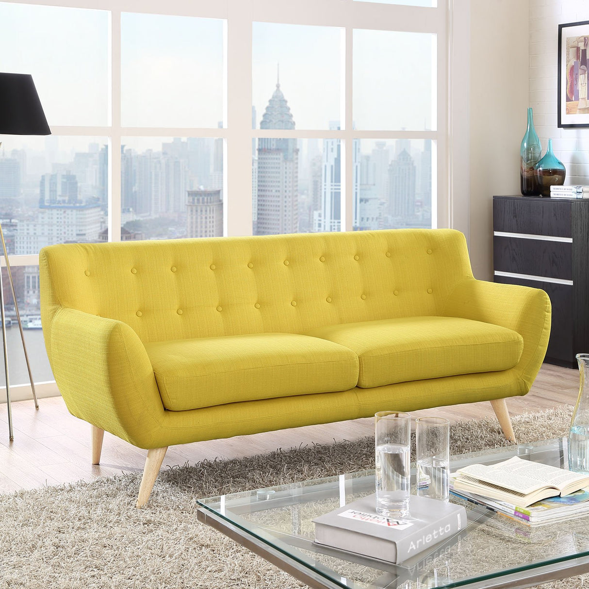 Remark Mid-Century Modern Sofa With Upholstered Fabric In Sunny