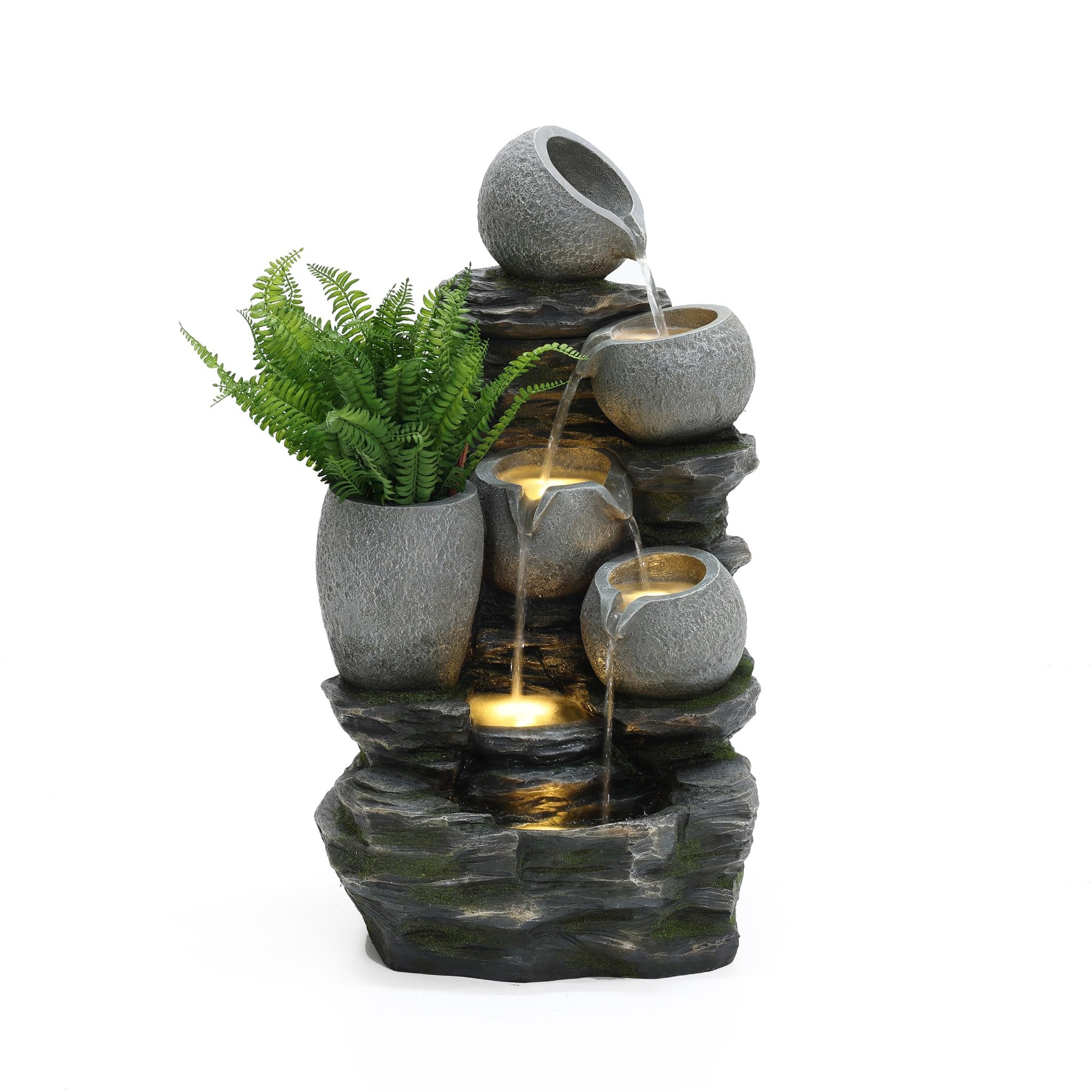 30 Inch Tall Outdoor Water Fountain, 4 Tiers Cascading Pots & Rock Cascading