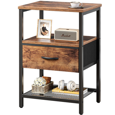 Night Stand with Fabric Drawer, Side Table with Mesh Shelf, Bedroom Nightstand