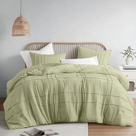 Grey Queen Comforter Set - 3 Pieces Pintuck Pleated Farmhouse Bedding