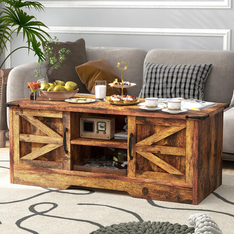 Coffee Table with Barn Doors,Farmhouse Center Table with Storage,Modern Rustic Style