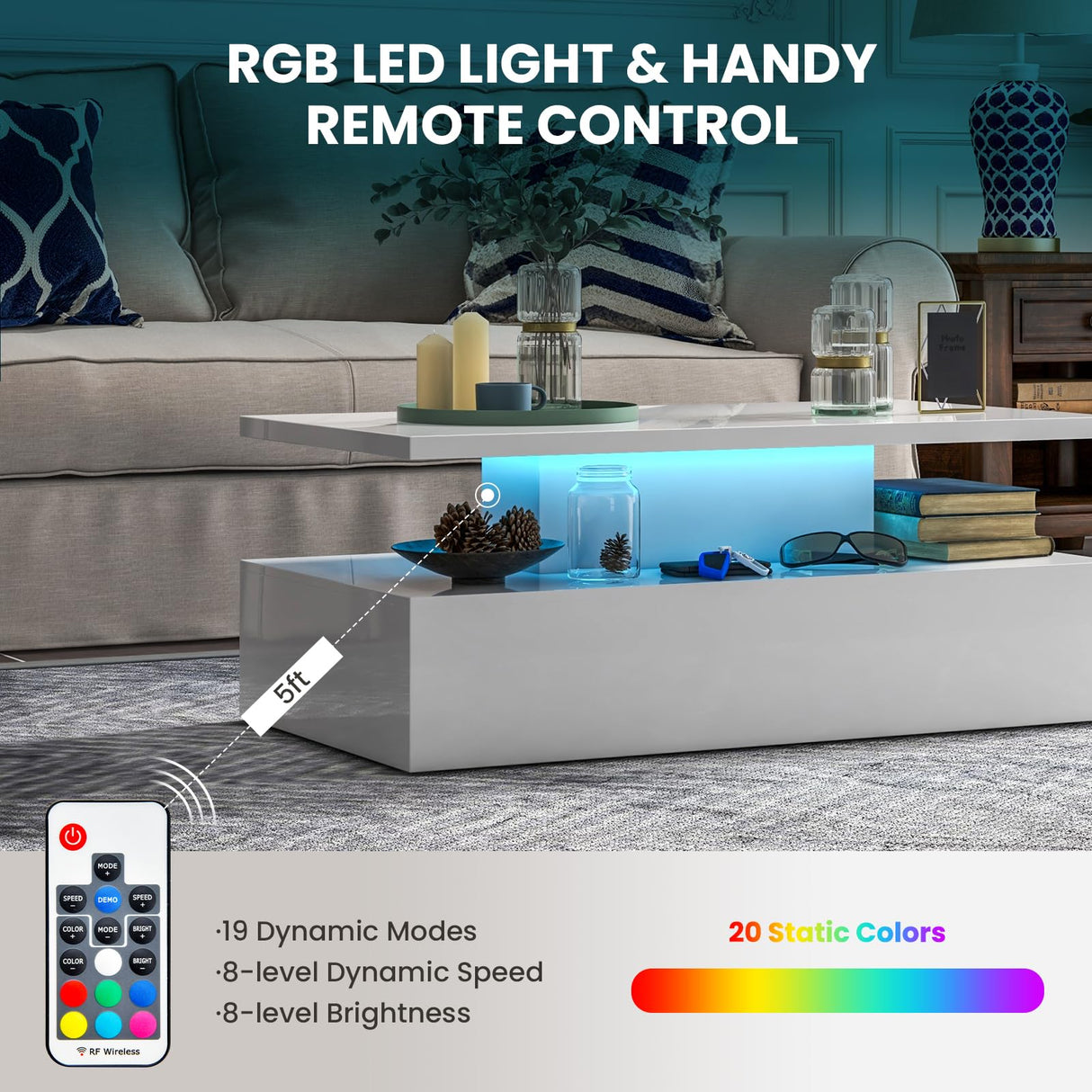 LED Coffee Table, Modern High Gloss Coffee Table w/ 20-Color LED Lights