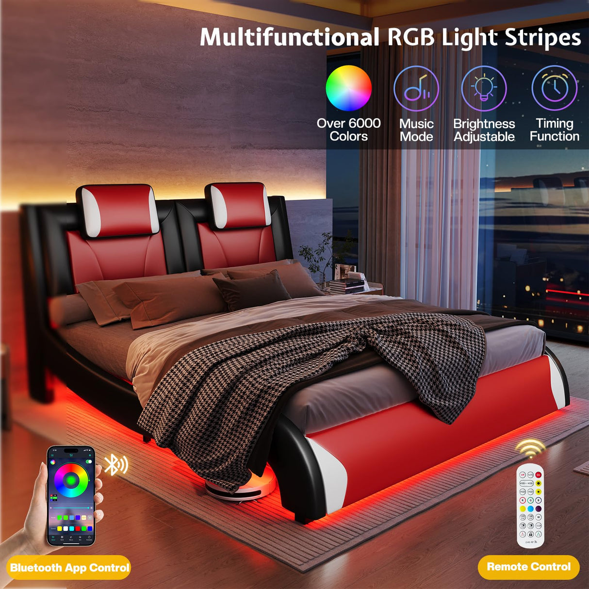 LED Full Size Bed Frame with Faux Leather Headboard