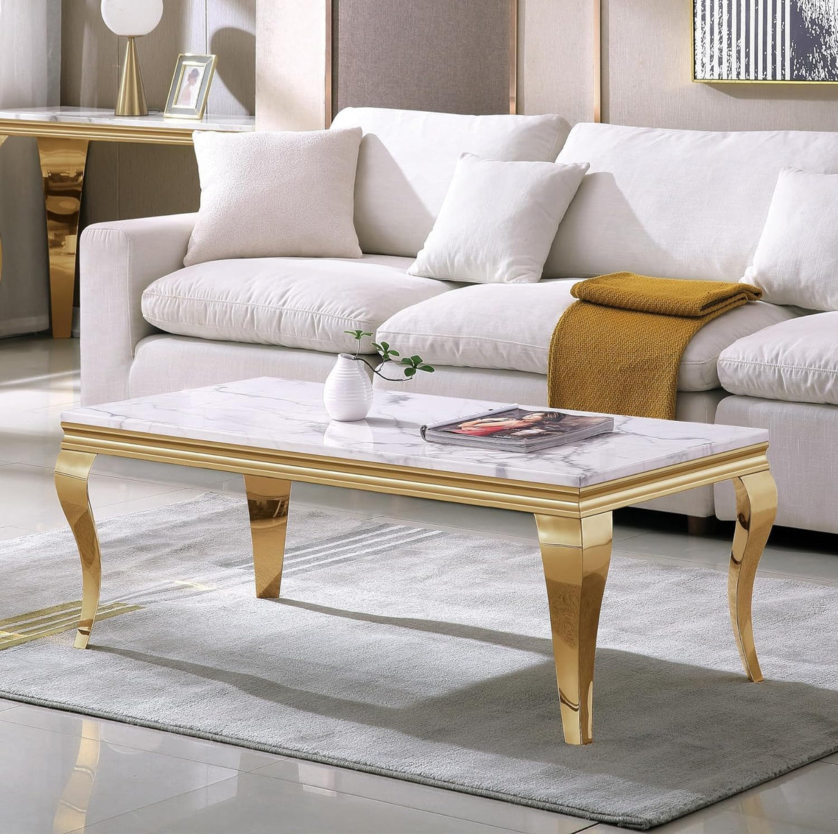 47 inch White Marble Coffee Table with Mirrored Stainless Steel Metal Legs