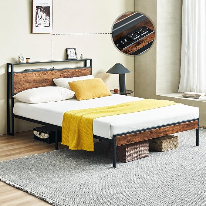 King Size Bed Frame with Charging Station, Platform Bed Frame