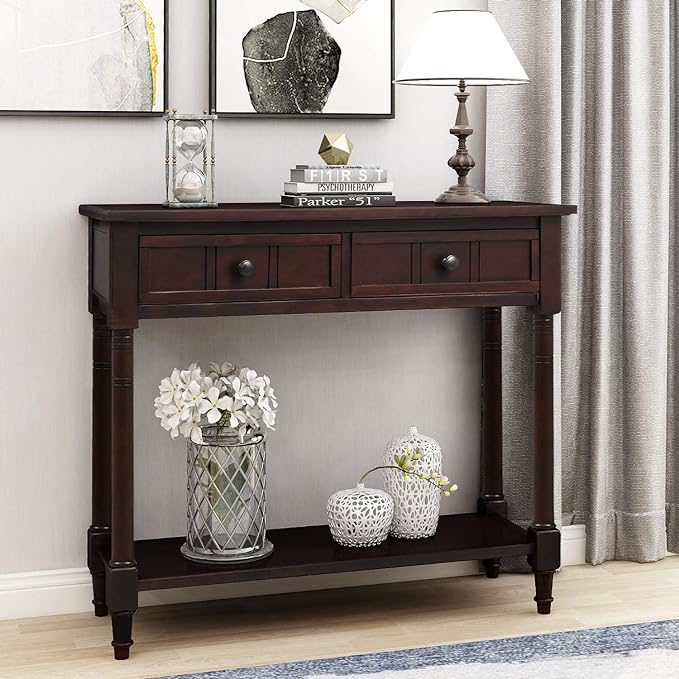 Wood Console Sofa Table with Drawer and Bottom Shelf, WeYoung Daisy Series Entryway