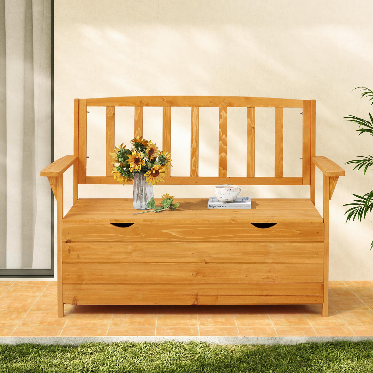 Outdoor Wooden Storage Bench, Patio Storage Box with Portable Handle & Seating, Deck