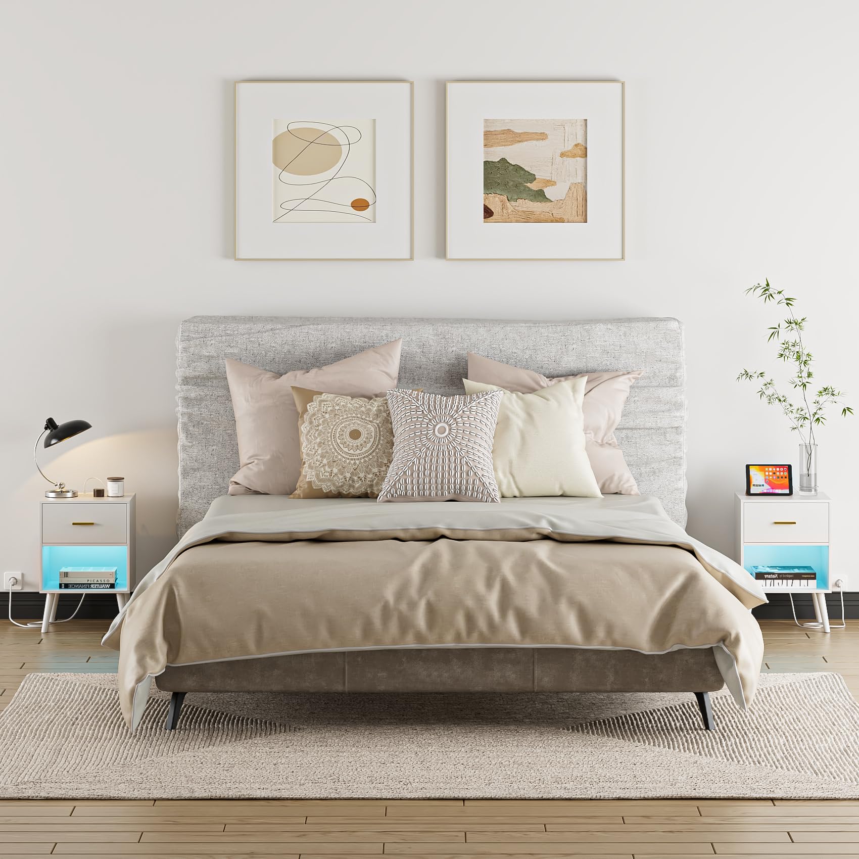 Nightstand with Charging Station and LED Lights, Small Side Table, Bedside Table