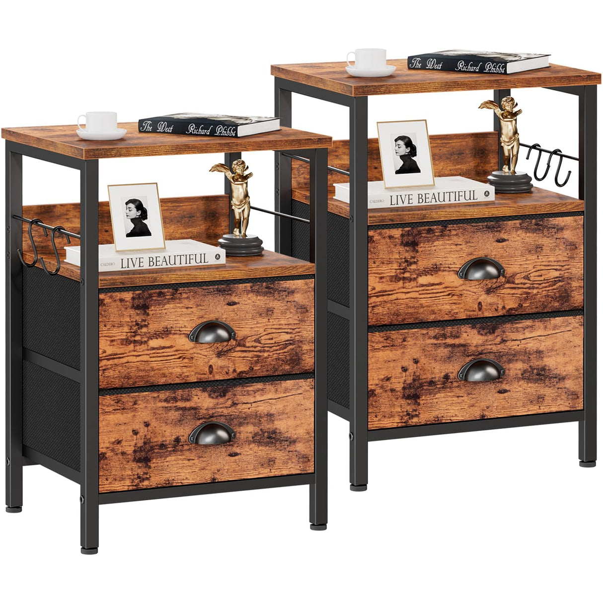 Nightstands Set 2, Bedside Table with 2 Fabric Drawers