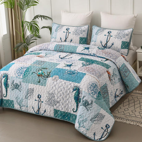 Quilt Set King Size Ocean Bedspread Coverlet Set 3 Piece-Soft Lightweight