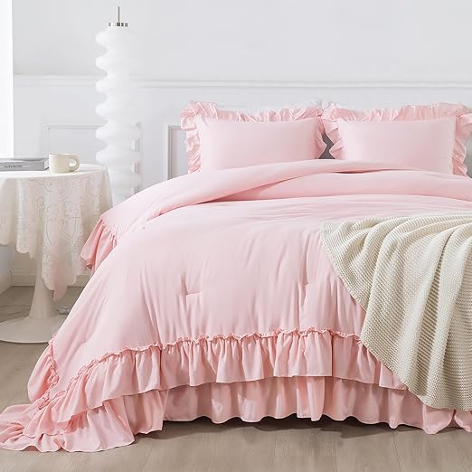 = White Comforter Set Queen Size, Lightweight Fluffy Farmhouse White Ruffle=