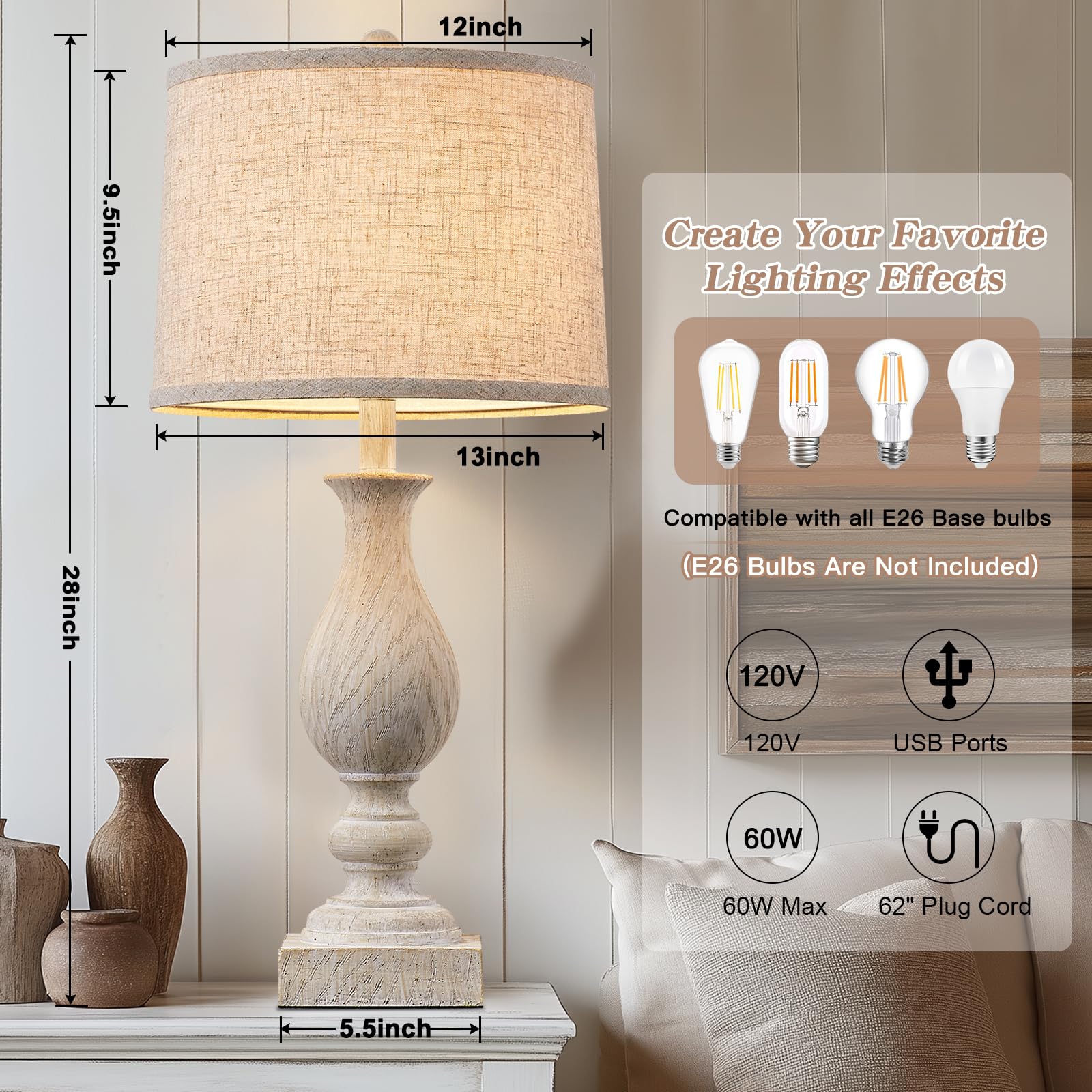 Farmhouse Table Lamp Set of 2 with USB Ports - 28" Vintage Bedside Lamps