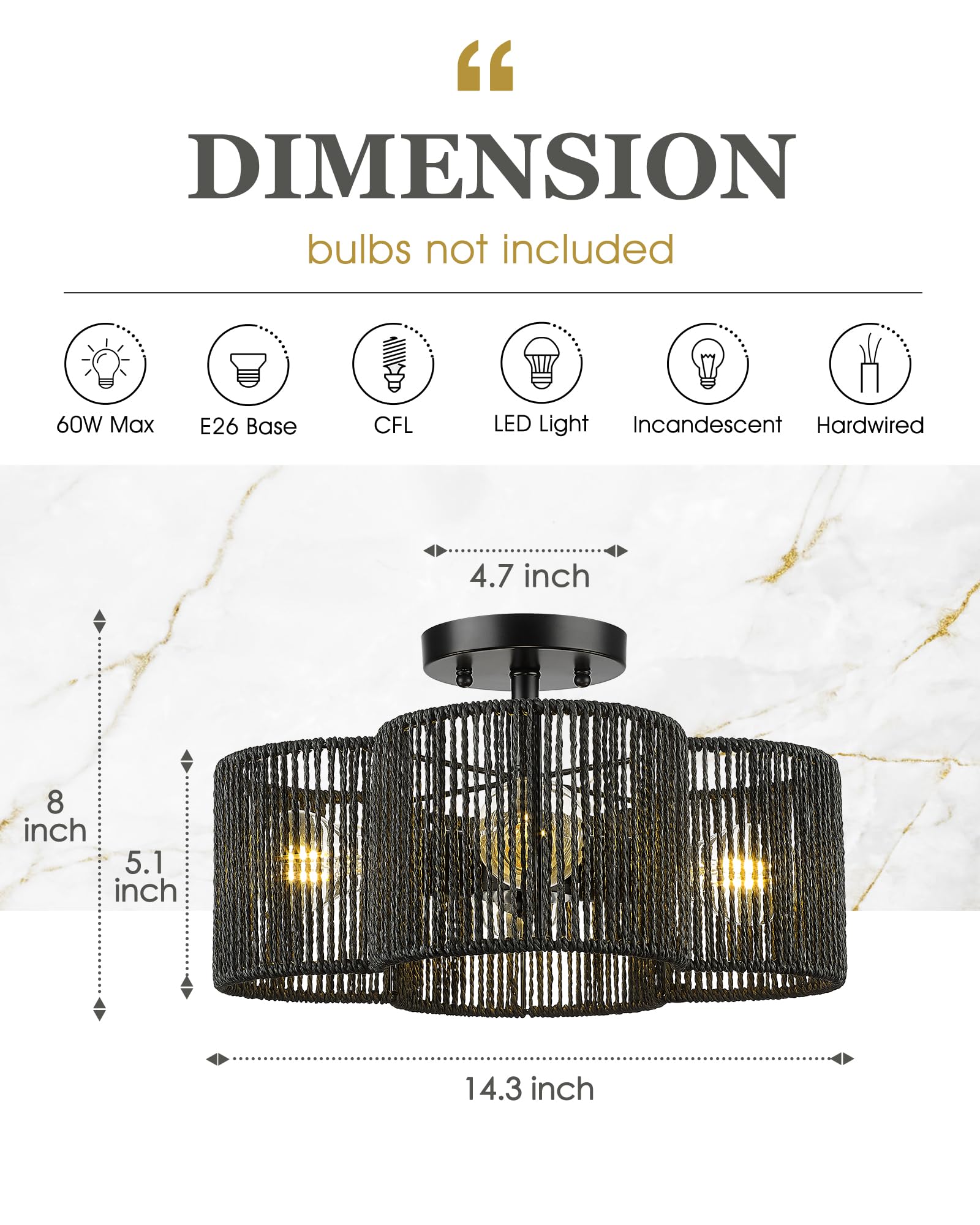 Rattan Light Fixtures Ceiling Mount, 4-Light 14" Boho Semi Flush