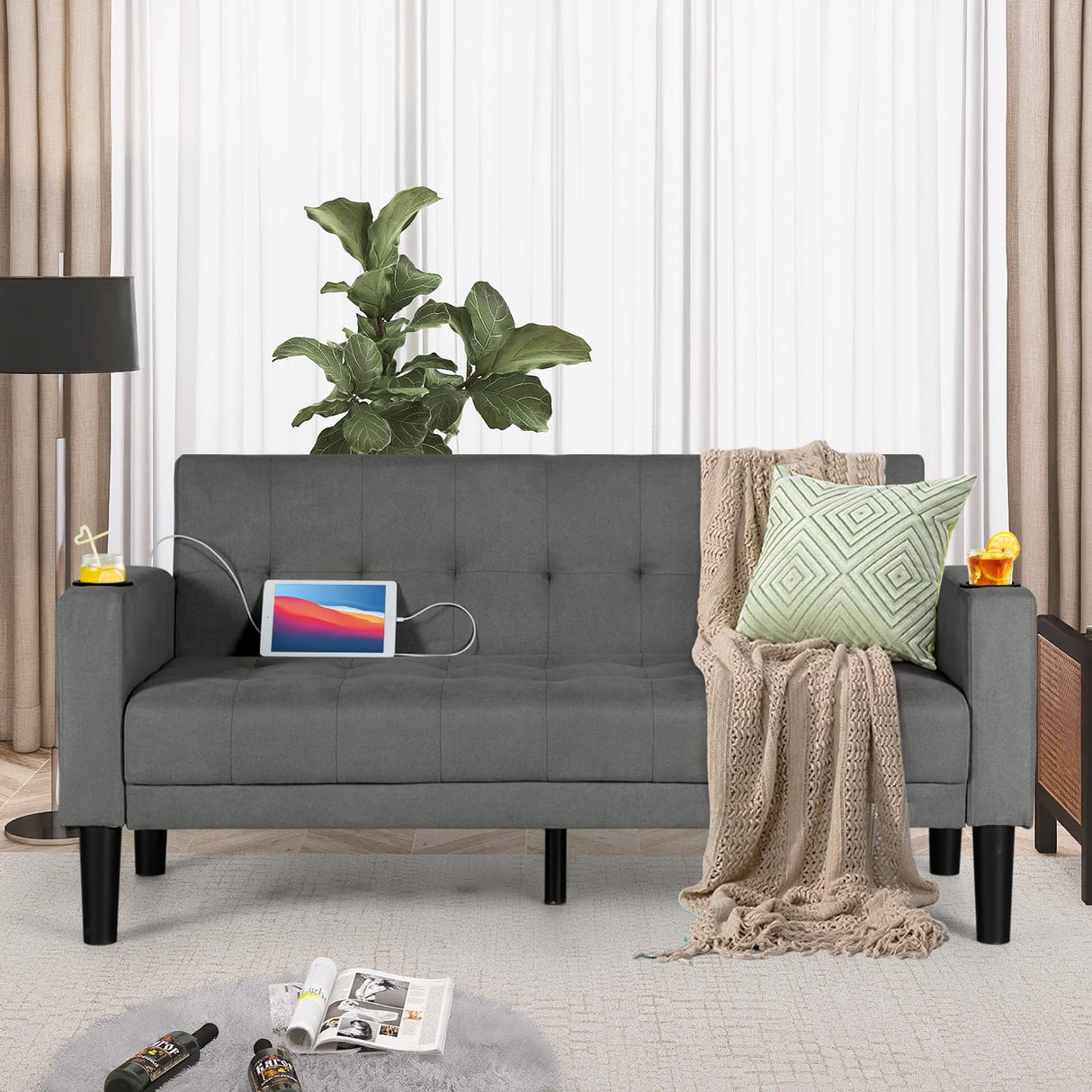 62" Loveseat Couches Upholstered Fabric Linen Love Seat Sofas Couch with 2 USB