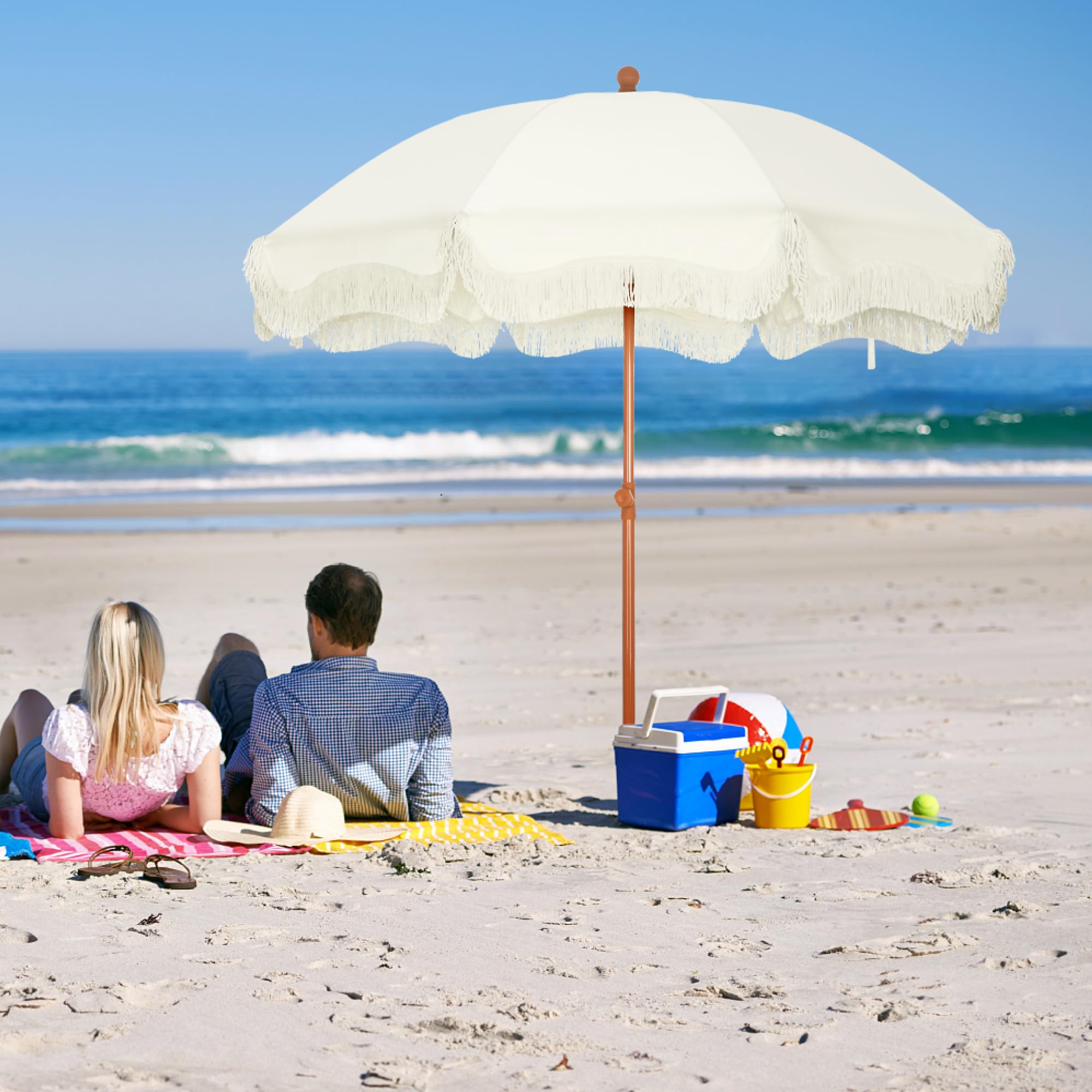 7ft Patio Beach Umbrella with Fringe, Tassel Umbrellas UPF50+ with Sand Anchor & Tilt