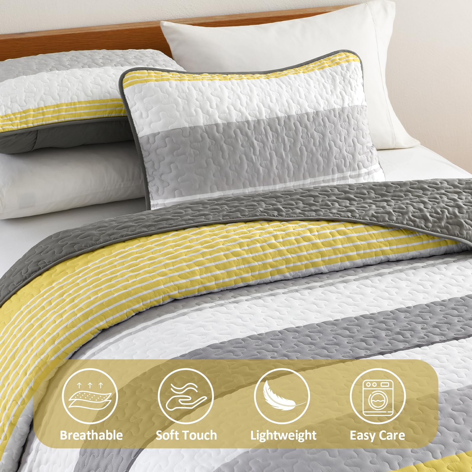 Striped King Size Quilt Set,Lightweight Grey Bedspreads Boho