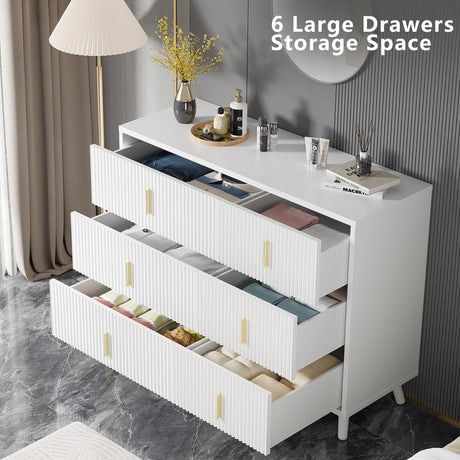 BEWISHOME White Dresser for Bedroom, 6 Drawer Dresser Chests of Drawers with Waveform Fluted Panel, White and Gold Dresser, Modern Wide Dresser Wood dresser for Closet, TV Stand, Hallway, White KCG03W