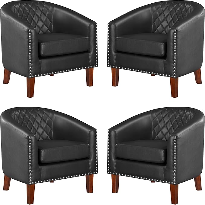 Comfy Barrel Accent Chair Set of 2 - Faux Leather Living Room Chair Club Chair