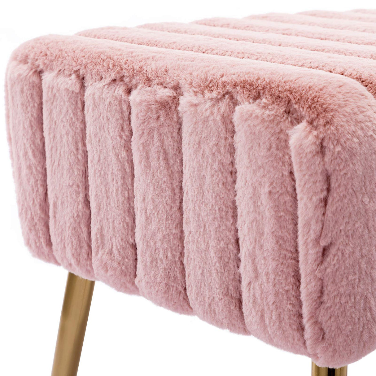 Modern Faux Fur Ottoman Bench, Stitched Upholstered Bedroom Benches with Gold Legs