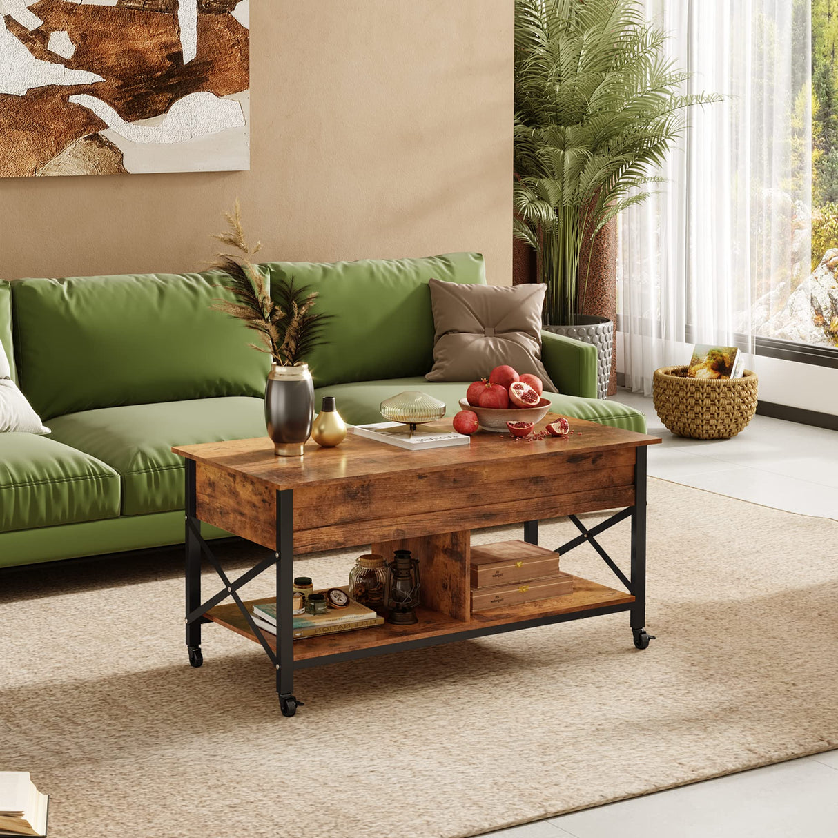 Coffee Table, 41.3" Lift Top Coffee Table with 4 Wheels, Hidden Compartment